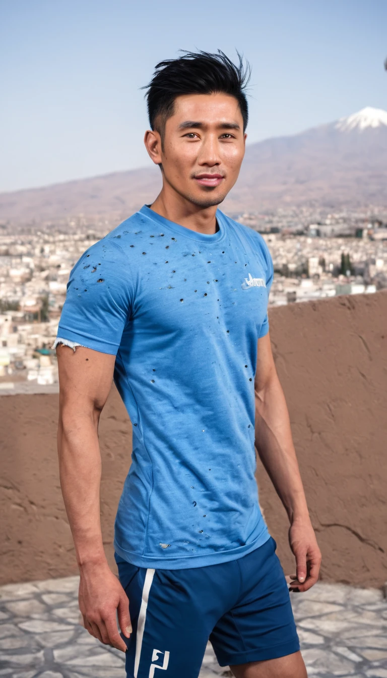 Realistic photography of a beautiful man. Full body shot. a man. Arequipa city background, Wearing ragged clothes, torn clothes, clothes with holes. Sportswear. wearing a tattered sports shirt. The man is Asian Hispanic, 30 years old, semi-muscular body. height: 1.65, short neck, very light and bright blue eyes, full lips, blush, black hair, military-cut hair, pointed hair. Standing, facing the camera. Discreet smile. (photorealistic), masterpiece: 1.3, beautiful lighting, best quality, beautiful lighting, realistic and natural image, intricate details, everything in focus, perfect focus, photography, masterpiece. , tiny nuances, supreme resolution, 32K, ultra-sharp, superior quality details, realistic and complex, perfect proportions, perfect hands, perfect feet.
