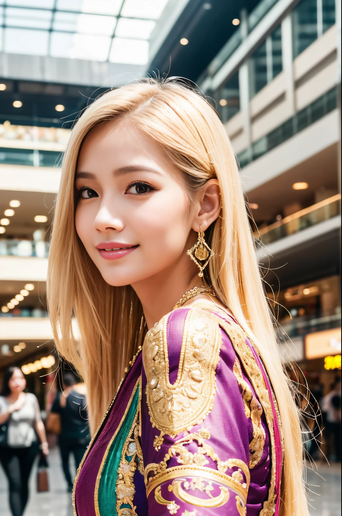 (best quality, 4k ,8k, highres, masterpiece:1.2), ultra-detailed, (realistic, photorealistic, photo-realistic:1.37), closeup, beautiful Thai woman, (slim girl), (happy smile), long lashes, beautiful makeup, platinum blonde hair, fair skin, slender figure, elegant posture, wearing large sparkling colorful jewelery, wearing a business style leather dress, standing in a large shopping mall, gentle sunlight shining through the shopping mall windows, casting a soft glow on her face, adding warmth to the scene, vibrant colors, capturing the essence of vibrant city life, portrait style, showcasing her natural beauty and grace in a feminine way