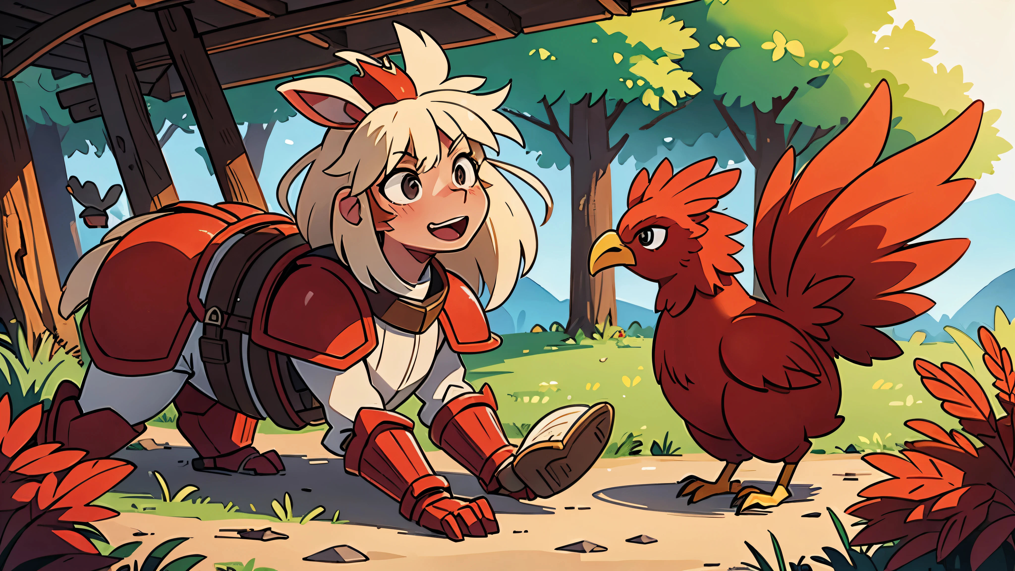 a red battle hen mount with armor and a saddle