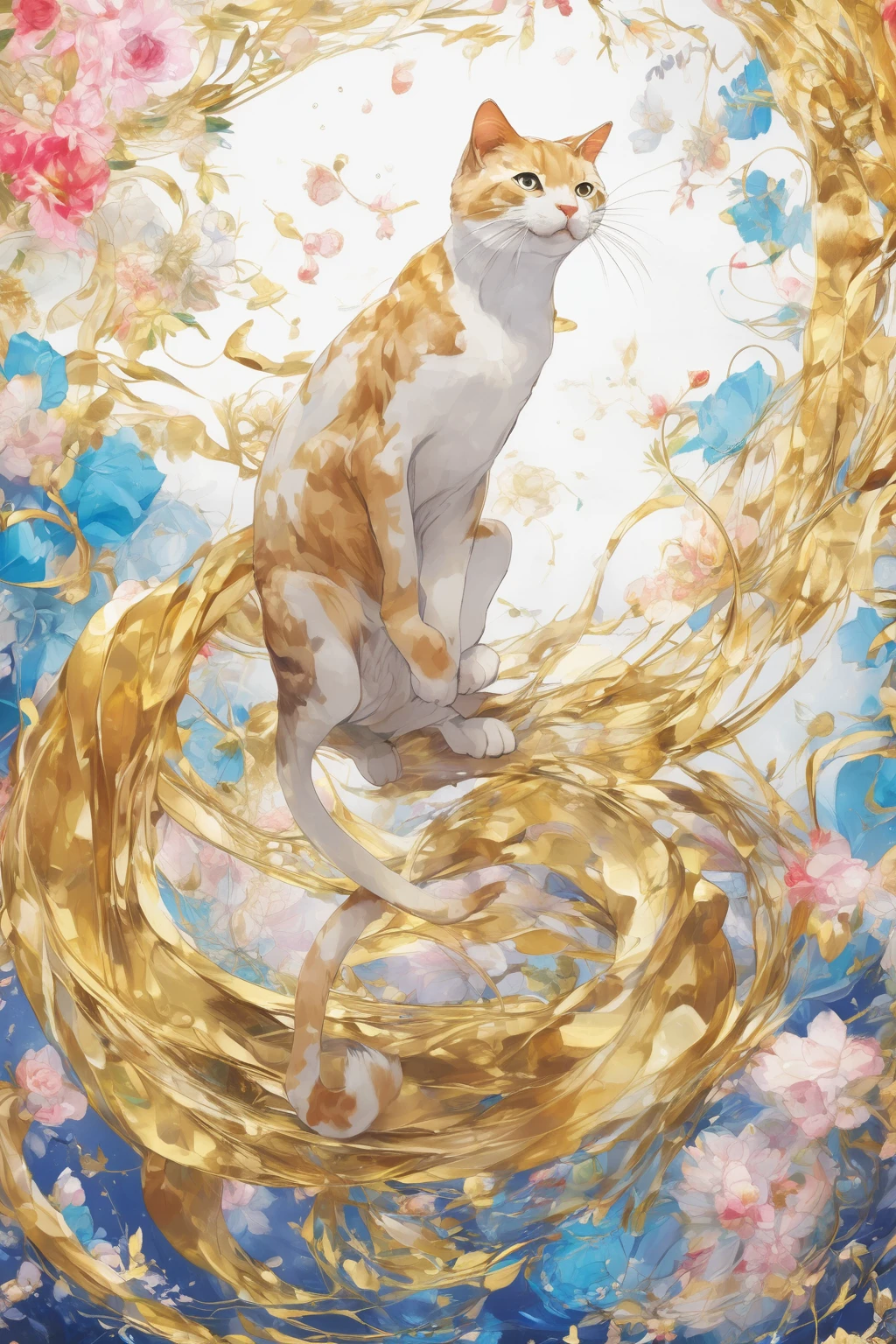 teamLab Style - Artwork、Masterpiece、Ultra high definition、Golden Ratio、Beautiful cat、A dynamic pose、From below、Anatomically correct body depiction