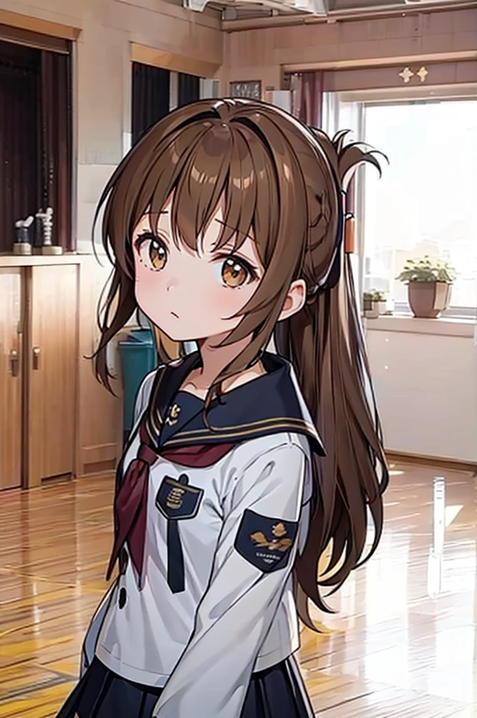 (masterpiece, best quality:1.2),illustration,8k,hd,1girl,solo,upper body,(portrait:1.2),brown_hair,folded_ponytail,brown_eyes,serafuku,long_hair,school_uniform,skirt,pleated_skirt,