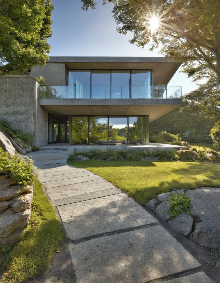 
A contemporary 2 story house, large glass walls, brise soleil style windows, architectural structure of the house entirely in cement, concrete, morning sun, stone path that leads to a lake, trees around, balcony, deck, Canon EOS Rebel SL3 with EF-S Lens, with 55mm lens, HDR, HDR, ultra high res.photorealistic::1.5