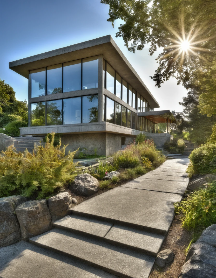 A contemporary 2 story house, large glass walls, brise soleil style windows, architectural structure of the house entirely in cement, concrete, morning sun, stone path that leads to a lake, trees around, balcony, deck, Canon EOS Rebel SL3 with EF-S Lens, with 55mm lens, HDR, HDR, ultra high res.photorealistic::1.5