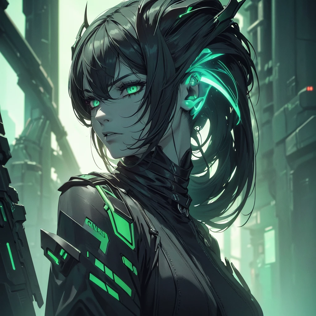 make a female alien witch, necrotic green skin, furious expression, futuristic black clothes, cyberpunk style, detailed face, high quality, photorealistic, 8k, hyper-detailed, extremely detailed, cinematic lighting, dramatic colors, moody atmosphere, (best quality, 4k, 8k, high resolution, masterpiece: 1.2), ultra-detailed, (realistic, photorealistic, photorealistic: 1.37)