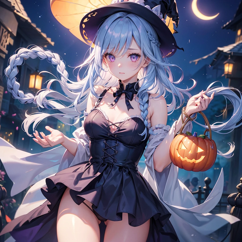 (Light blue medium hair),(Braided hair)、Pink eyes、Fair skin、cowboy shot、Halloween、The background is a pumpkin ghost、Crescent Moon、Trick or Treat、A lot of sweets、witch、Halloween night、Candy、many bat、Condescending expression、solo、(masterpiece、Highest quality、Very detailed、Best Shadow)、(Detailed Background)、(Beautifully detailed face)、High contrast、(Best lighting、Very delicate and beautiful)、(Cinematic Light)、colorful、Hyper Detail、Dramatic Light、Exquisite detail、