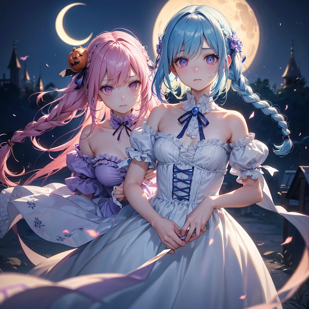 (Light blue medium hair),(Braided hair)、Pink eyes、Fair skin、cowboy shot、Halloween、The background is a pumpkin ghost、Crescent Moon、Trick or Treat、A lot of sweets、witch、Halloween night、Candy、many bat、Condescending expression、solo、(masterpiece、Highest quality、Very detailed、Best Shadow)、(Detailed Background)、(Beautifully detailed face)、High contrast、(Best lighting、Very delicate and beautiful)、(Cinematic Light)、colorful、Hyper Detail、Dramatic Light、Exquisite detail、