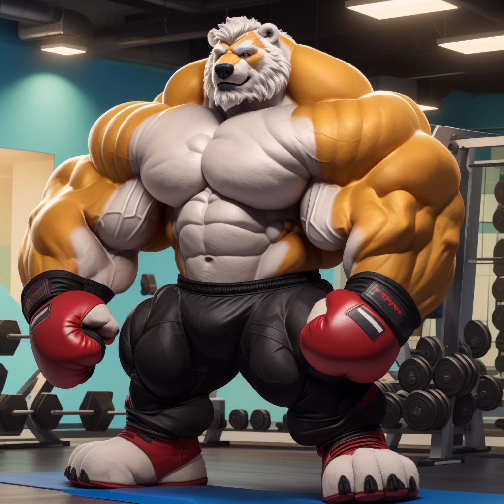solo, 1boy, Huge Muscular White Polar Bear, huge white fur, pectoral, huge pectoral, wide pectoral, short white hair, ((really big muscle, massive muscular, sixpack, thick arms, wide pectoral, super huge muscle, hyper muscular, over sized muscle, huge arms, big arms, huge pectoral)), black kickboxing shorts, black toeless wootwear, fingerless kickboxing fighting gloves and shirtless and topless, white bearded, white Mustache, white fur, grey eyebrows, gym fitness center background, masterpiece, high detailed, 8k, high resolution, at the gym, flexes huge thorax, looking at the viewer, acting all hunk