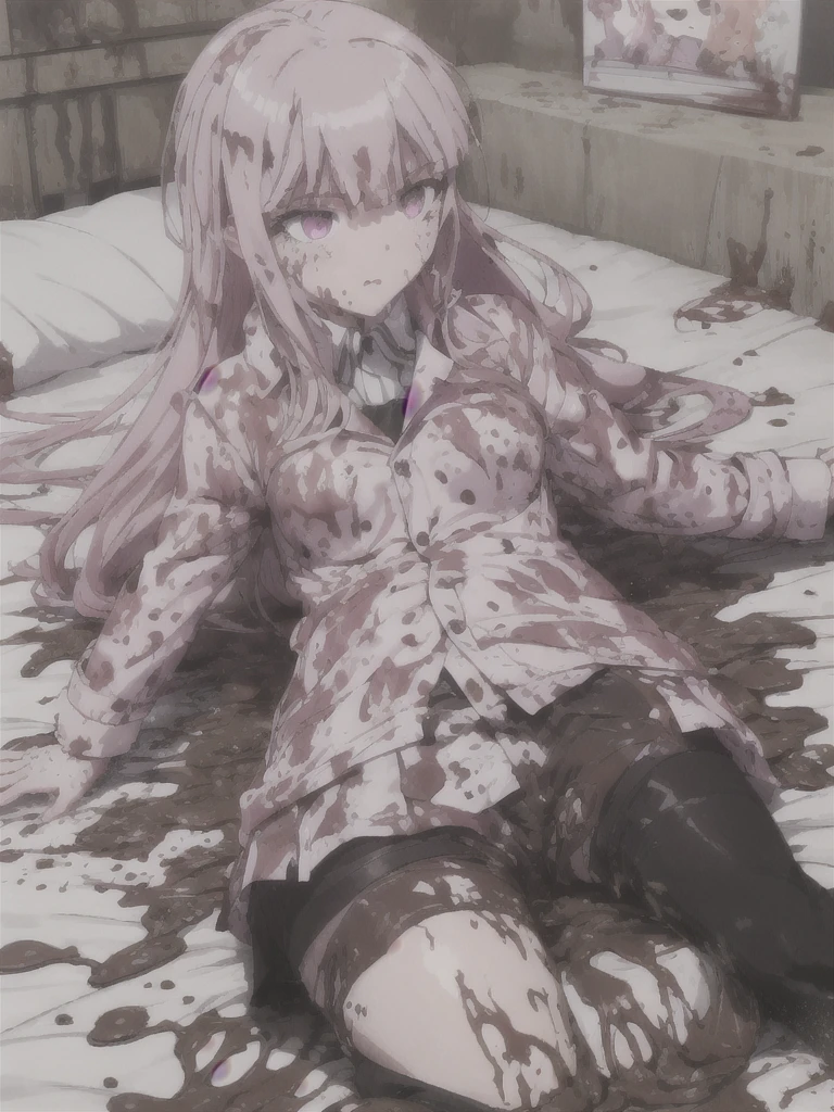 a girl laying in bed, kyoko kirigiri, wearing a pink buttoned raincoat, ((muddy clothes)), covered in mud, mud splatters, embarrassed expression on her face, vivid lighting