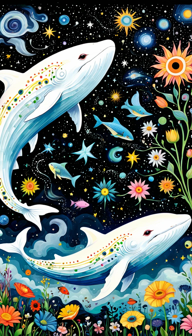Children's graffiti,Thick coating,Concave and convex texture,Oil pastel strokes:Artists from the stars,Child,joy, Flying white Whale:1.37、Eruption Cloud、flowesh、章fish触手瀑布。、bird、Eye、diatom,Abstract mosaic painting,Describing the inner world of autistic people,Large area of white,interesting,Innocence,Vision,Psychedelic Art,Black starry sky