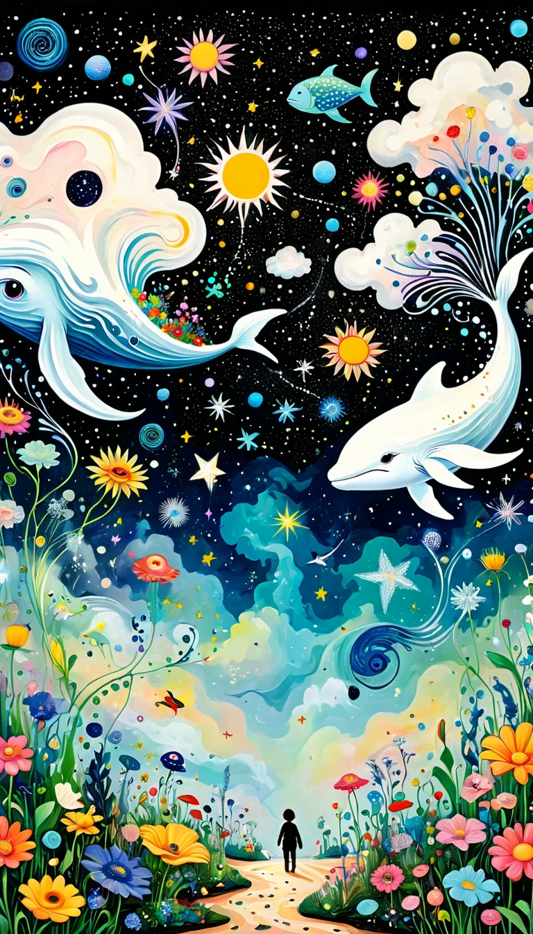 Children's graffiti,Thick coating,Concave and convex texture,Oil pastel strokes:Artists from the stars,Child,joy, Flying white Whale:1.37、Eruption Cloud、flowesh、章fish触手瀑布。、bird、Eye、diatom,Abstract mosaic painting,Describing the inner world of autistic people,Large area of white,interesting,Innocence,Vision,Psychedelic Art,Black starry sky