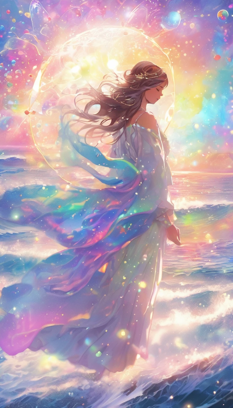 high resolution　Mysterious glowing spell casting girl, ((Fantasy Rainbow Ocean)), Vibrant colors, Great light, Detailed speech bubbles, Magical atmosphere, Nice views, Dreamy atmosphere, Sparkling, Roomy robes, The magic touch, Mysterious Creatures, ((Sparkling waves)), Mystical symbols, Surreal beauty, mist, There&#39;Magic in the air, Magical moments,Mysterious atmosphere, Whimsical Creatures, Full of charm, Fairy, Superpower, Fantasy World