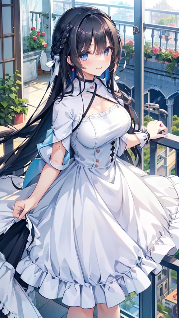 best quality, extremely detailed,anime style girl,long hair down to the waist, straight hair, ((dark black hair with bluish)),braid,beautiful detailed eyes, pinched eyes, (dark blue eyes),huge breasts,curvy,((((white main cutie brightly colored princess dress)))),clothing with complex patterns,hair ornament,smile,((((balcony in garden)))),castle,((((pov))))