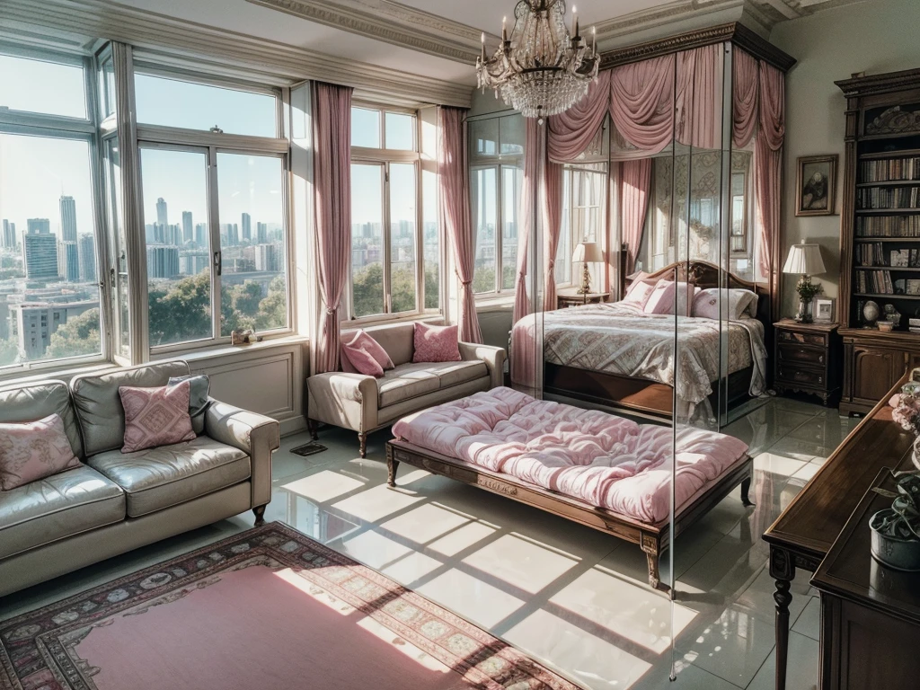 High-resolution images,Glass House,Glass House,Large floor-to-ceiling windows,There is a pink bed in the room,curtain,TV set,bookshelf,Bookcase with many books,table。The wall is glass window, The most important thing in the room is a big bed,The window is the villa garden,City skyscrapers