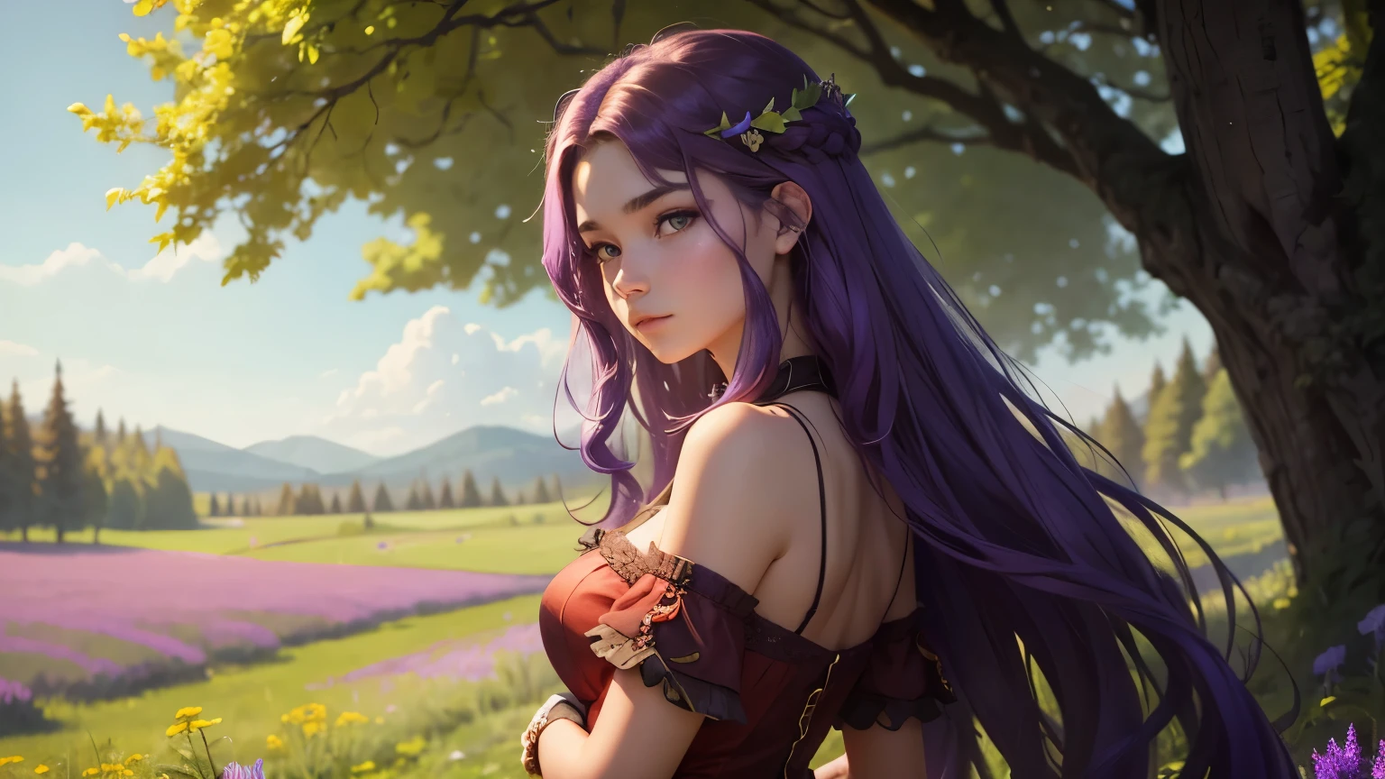 A Zerg Queen, a beautiful girl named Lanlinger, 18 years old, depicted in an oil painting style. She has messy dark purple hair, a perfect face with soft skin, and light violet and red hues added. Lanlinger is wearing a red dress and is seen from a profile view in a meadow. The focus is on her upper body, as if the viewer turned their head and saw her standing next to them. She has a worried expression on her cute face. The background is a lush, green meadow with vibrant wildflowers and tall trees in the distance. The image should have complex details and be in 8k resolution, capturing the essence of a masterpiece.