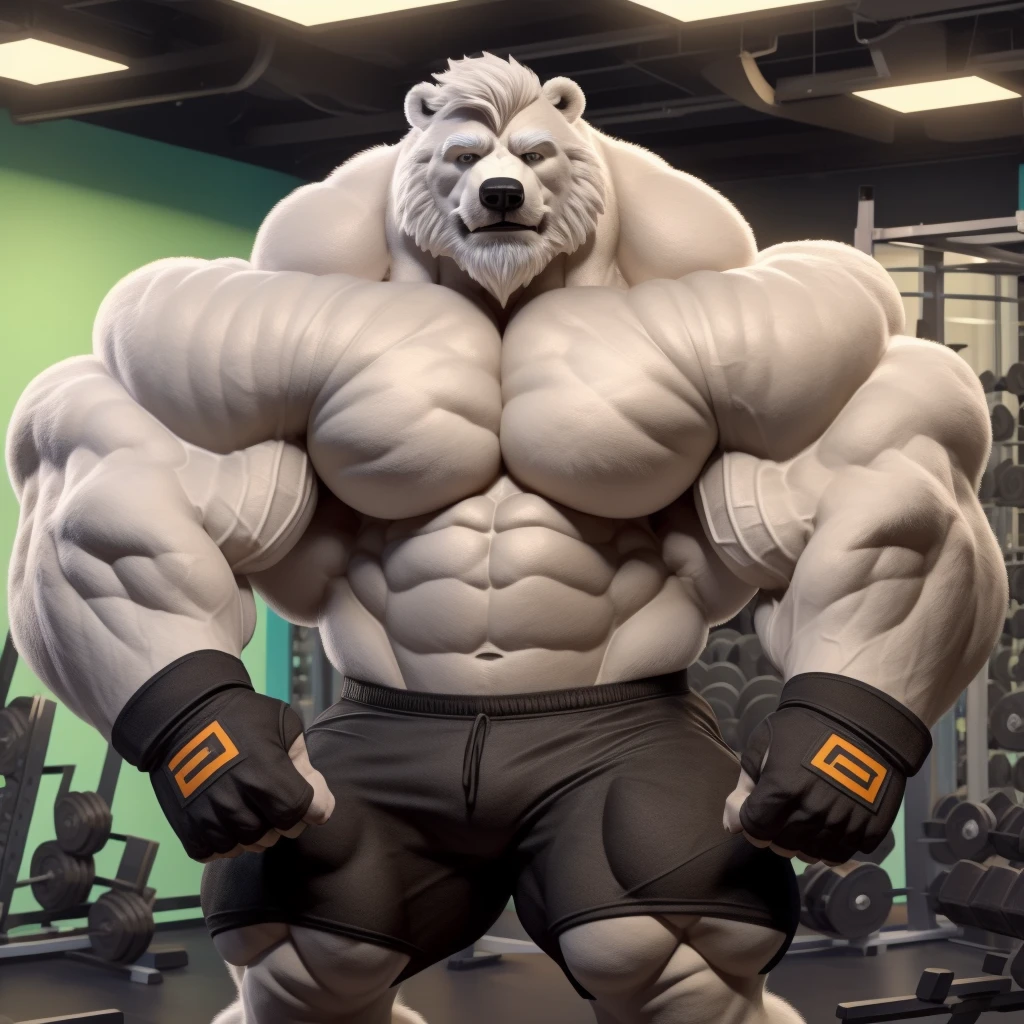 solo, 1boy, Huge Muscular White Polar Bear, huge white fur, pectoral, huge pectoral, wide pectoral, short white hair, ((really big muscle, massive muscular, sixpack, thick arms, wide pectoral, super huge muscle, hyper muscular, over sized muscle, huge arms, big arms, huge pectoral)), black gym short pants, black wristbands, fingerless gloves and shirtless and topless, white bearded, white Mustache, white fur, grey eyebrows, gym fitness center background, masterpiece, high detailed, 8k, high resolution, at the gym, flexes huge thorax, looking at the viewer, acting all hunk