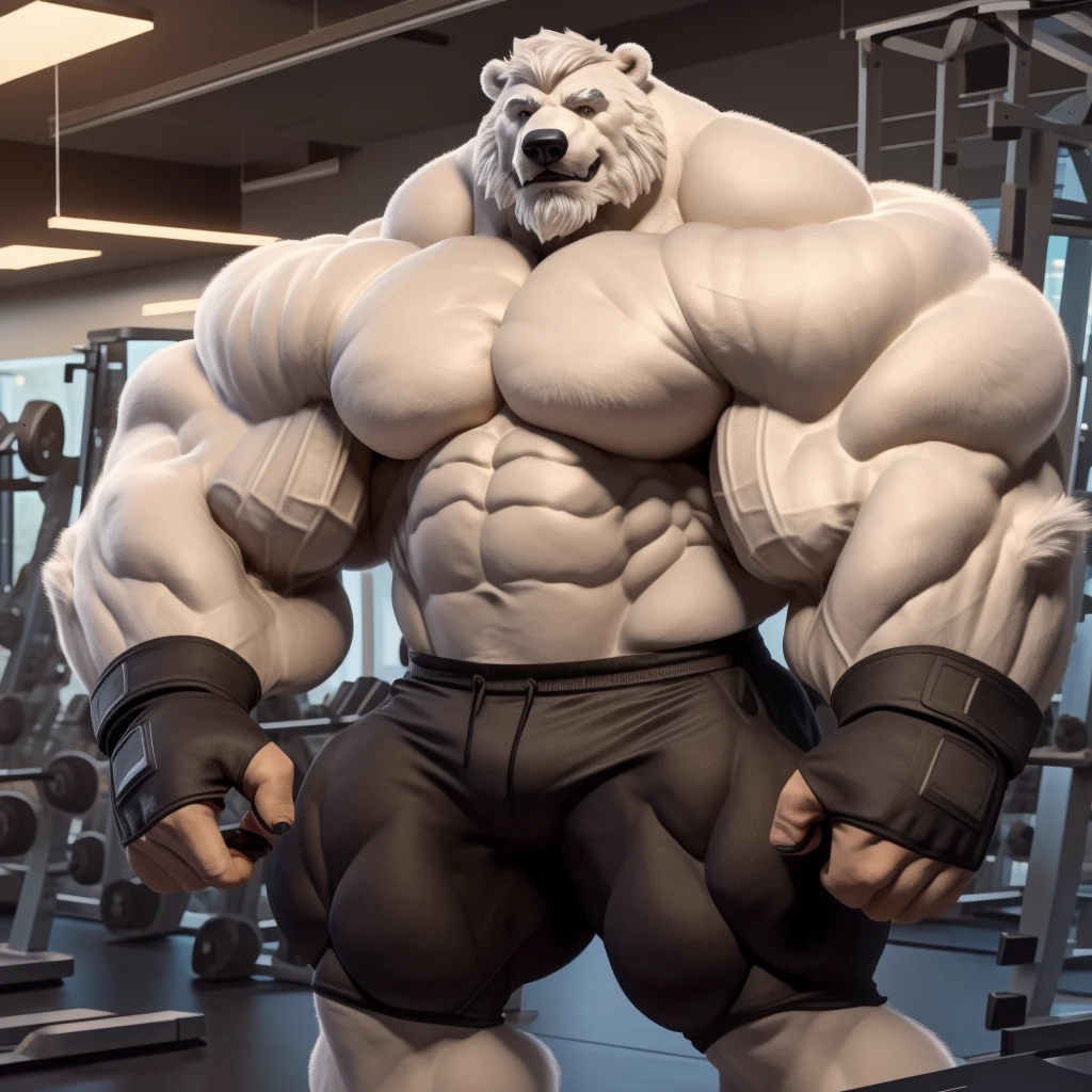 solo, 1boy, Huge Muscular White Polar Bear, huge white fur, pectoral, huge pectoral, wide pectoral, short white hair, ((really big muscle, massive muscular, sixpack, thick arms, wide pectoral, super huge muscle, hyper muscular, over sized muscle, huge arms, big arms, huge pectoral)), black gym short pants, black wristbands, fingerless gloves and shirtless and topless, white bearded, white Mustache, white fur, grey eyebrows, gym fitness center background, masterpiece, high detailed, 8k, high resolution, at the gym, flexes huge thorax, looking at the viewer, acting all hunk