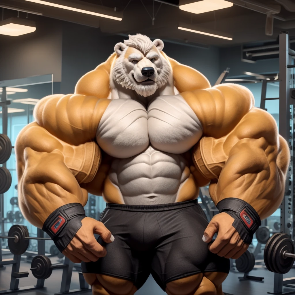solo, 1boy, Huge Muscular White Polar Bear, huge white fur, pectoral, huge pectoral, wide pectoral, short white hair, ((really big muscle, massive muscular, sixpack, thick arms, wide pectoral, super huge muscle, hyper muscular, over sized muscle, huge arms, big arms, huge pectoral)), black gym short pants, black wristbands, fingerless gloves and shirtless and topless, white bearded, white Mustache, white fur, grey eyebrows, gym fitness center background, masterpiece, high detailed, 8k, high resolution, at the gym, flexes huge thorax, looking at the viewer, acting all hunk