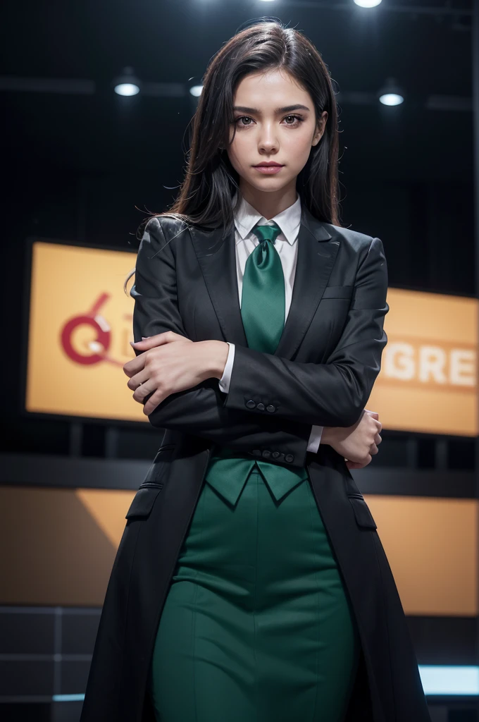 Create an image for a quiz show titled 'QUAL É A RESPOSTA?'. The scene features a host standing in the center with arms crossed, dressed in a formal suit and tie. The host should have a friendly and confident expression. The background should be a dark green gradient, simple and elegant, without distractions. Use a realistic style with a touch of modernity and sophistication. Add the game's title 'QUAL É A RESPOSTA?' at the top of the image in large, eye-catching letters