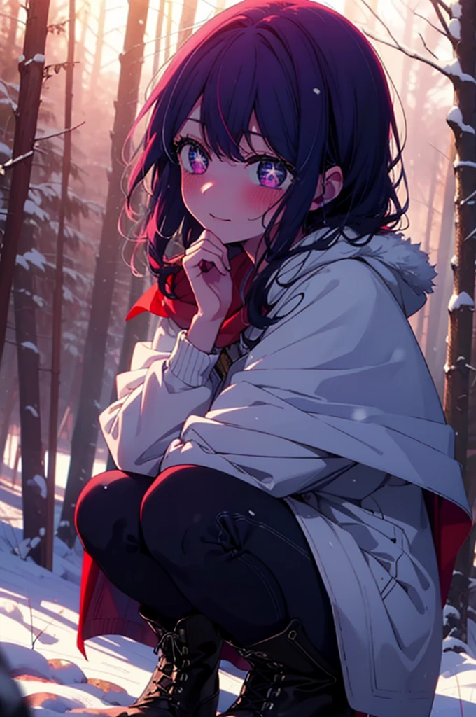 aihoshino, Ai Hoshino, Long Hair, bangs, (Purple eyes:1.1), Purple Hair, (Symbol-shaped pupil:1.5), smile,,smile,blush,white breath,
Open your mouth,snow,Ground bonfire, Outdoor, boots, snowing, From the side, wood, suitcase, Cape, Blurred, , forest, White handbag, nature,  Squat, Mouth closed, Cape, winter, Written boundary depth, Black shoes, red Cape break looking at viewer, Upper Body, whole body, break Outdoor, forest, nature, break (masterpiece:1.2), Highest quality, High resolution, unity 8k wallpaper, (shape:0.8), (Beautiful and beautiful eyes:1.6), Highly detailed face, Perfect lighting, Extremely detailed CG, (Perfect hands, Perfect Anatomy),