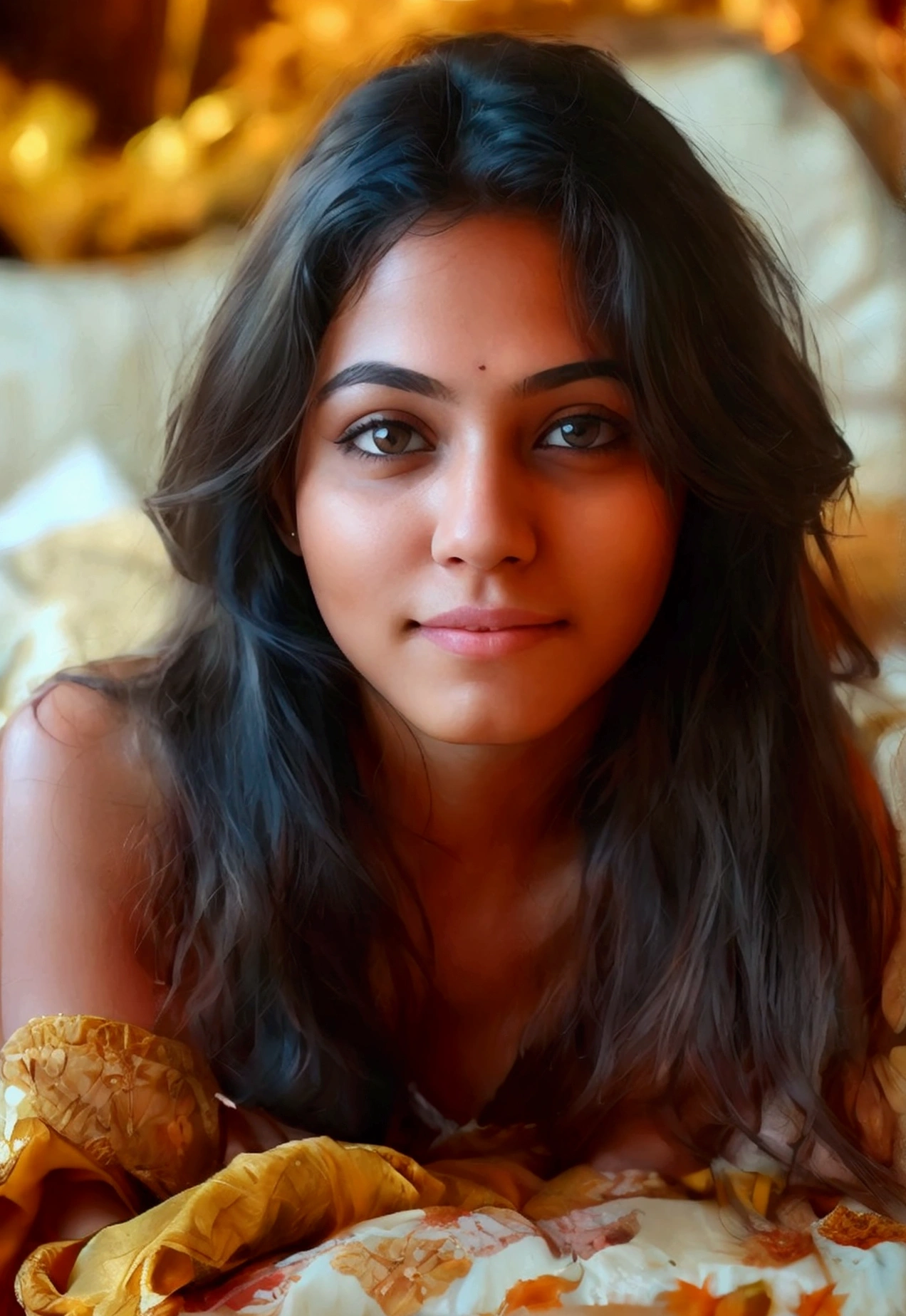 beautiful Indian, very young teenage girl, 16 years old, fully nude, showing her beautiful naked body,lean facecut, black extra long hair, sexy gaze,light bronze skin dark strokes, exact looks like , light bronze skin, smirking deviously, long eyelashes, deep dimples on cheeks, cute smile, innocent face, blushing , atmospheric perspective, Renaissance, 8k, super detail, accurate, best quality, high details, high quality, best quality, blushing expression, biting lips, wearing nothing, undressed, fully naked, puffy round nipples, shaved vagins, medium , ultra-wide shot, lying down straight, legs spread, intimately on her royal bed touching herself, in Royal looking bedroom, beautifully styled hair, spreading her legs