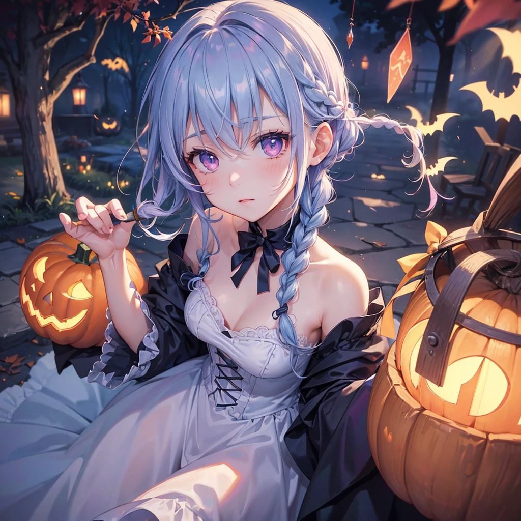 (Light blue medium hair),(Braided hair)、Pink eyes、Fair skin、cowboy shot、Halloween、The background is a pumpkin ghost、Crescent Moon、Trick or Treat、A lot of sweets、witch、Halloween night、Candy、many bat、Condescending expression、solo、(masterpiece、Highest quality、Very detailed、Best Shadow)、(Detailed Background)、(Beautifully detailed face)、High contrast、(Best lighting、Very delicate and beautiful)、(Cinematic Light)、colorful、Hyper Detail、Dramatic Light、Exquisite detail、