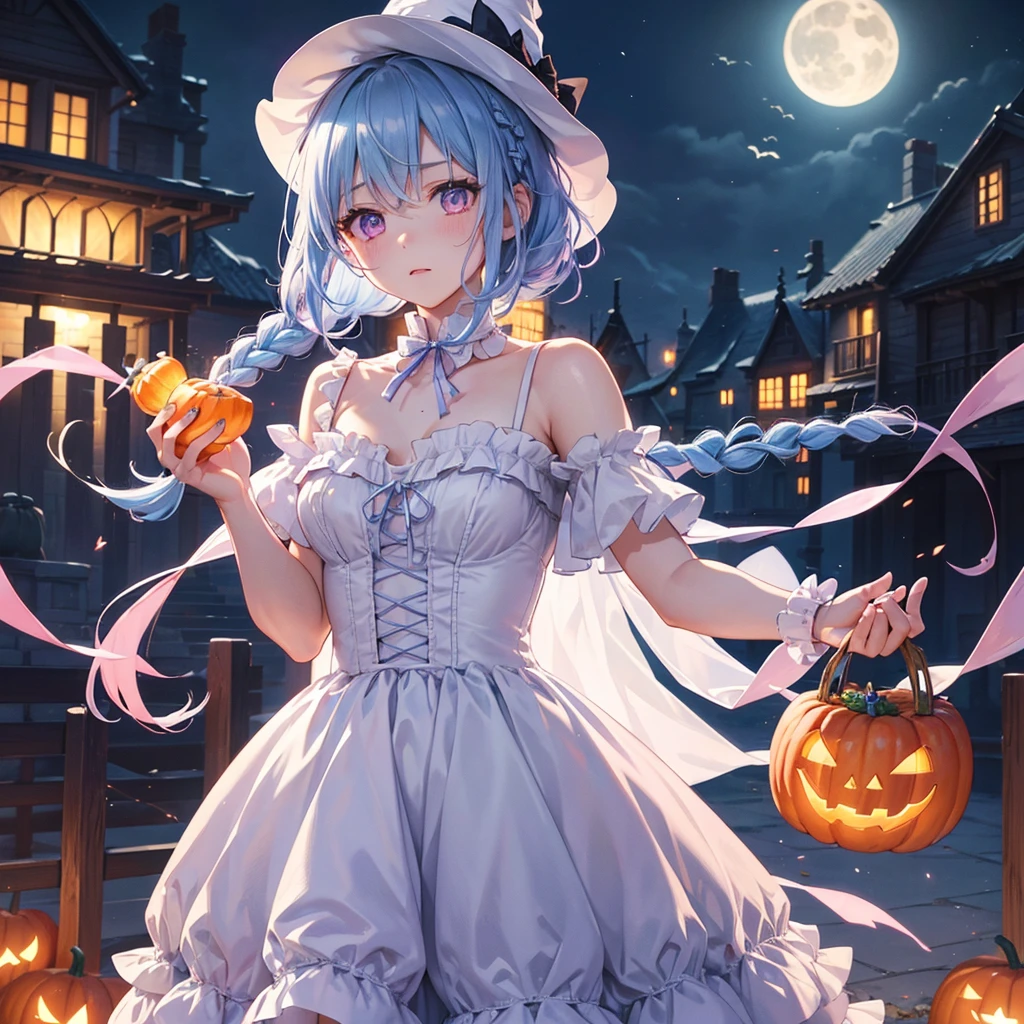 (Light blue medium hair),(Braided hair)、Pink eyes、Fair skin、cowboy shot、Halloween、The background is a pumpkin ghost、Crescent Moon、Trick or Treat、A lot of sweets、witch、Halloween night、Candy、many bat、Condescending expression、solo、(masterpiece、Highest quality、Very detailed、Best Shadow)、(Detailed Background)、(Beautifully detailed face)、High contrast、(Best lighting、Very delicate and beautiful)、(Cinematic Light)、colorful、Hyper Detail、Dramatic Light、Exquisite detail、