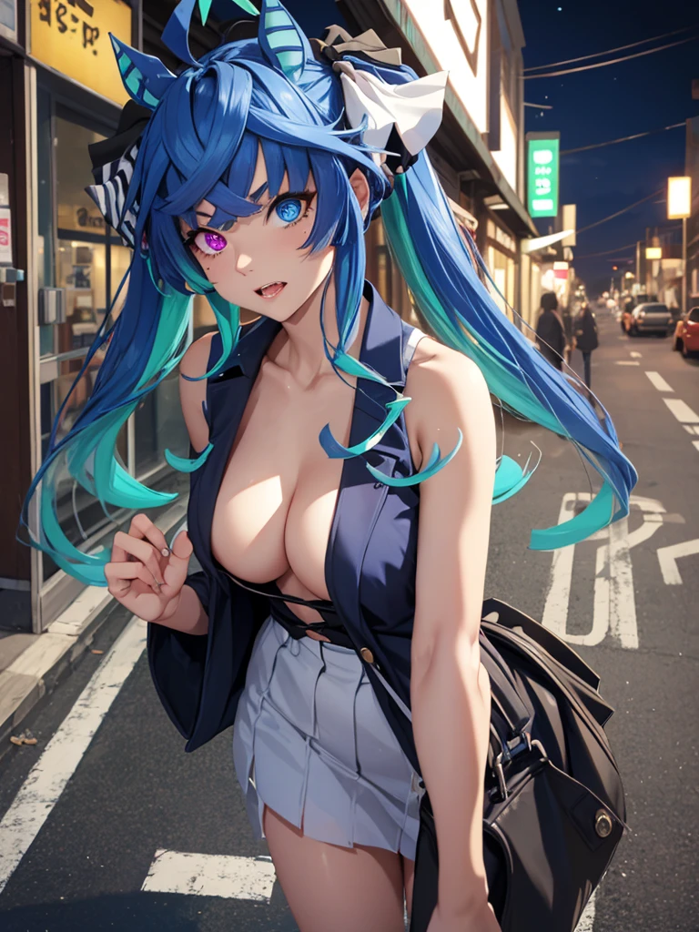 (Masterpiece, best quality, high res、highly detailed cg: 1), A very aggressive streetwalker with vulgar and unrefined manners and attire, forcefully soliciting a man. The man is a faceless background character. The scene is set on a quiet, sparsely populated street at night, with the streetwalker as the main focus. Twin_Turbo_Umamusume, aqua hair, twintails, heterochromia, purple eyes, blue eyes, sharp teeth,hores tails, nsfw, bitch, Seduction, Slutty face, 'Hey, hey, hey! You're looking for a girl to fuck anyway, aren't you?’