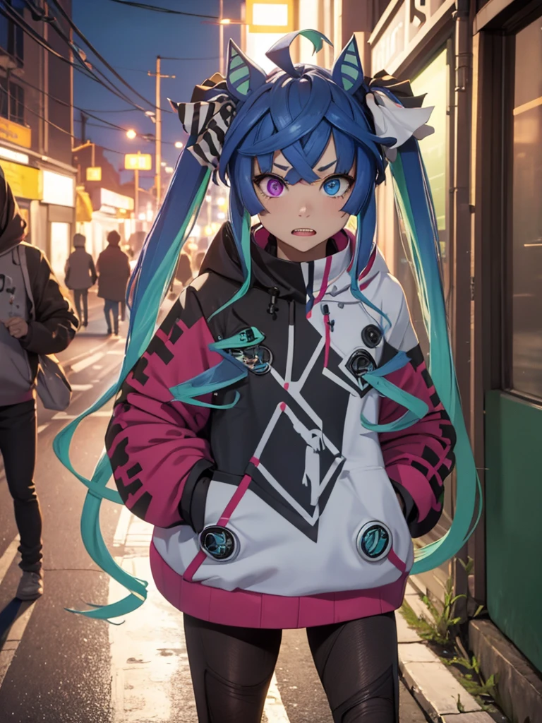 (Masterpiece, best quality, high res、highly detailed cg: 1), A very aggressive streetwalker with vulgar and unrefined manners and attire, forcefully soliciting a man. The man is a faceless background character. The scene is set on a quiet, sparsely populated street at night, with the streetwalker as the main focus. Twin_Turbo_Umamusume, aqua hair, twintails, heterochromia, purple eyes, blue eyes, sharp teeth,hores tails, nsfw, bitch, Seduction, Slutty face, 'Hey, hey, hey! You're looking for a girl to fuck anyway, aren't you?’