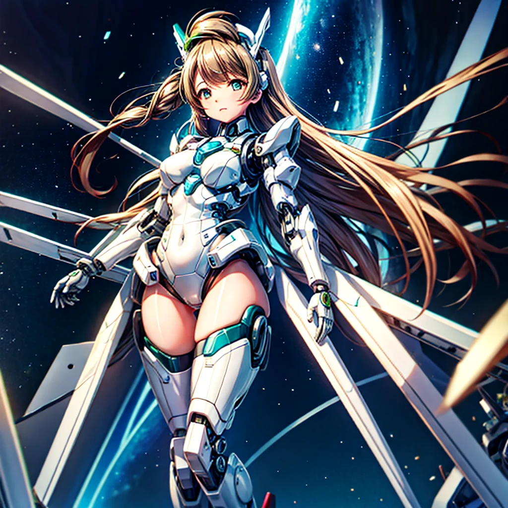 masterpiece, high quality, During the surgery to convert the machine、Minami Kotori, who has been turned into a mechanical body cyborg、Surgery to convert to a gynoid cyborg body with exposed mechanical parts、A cyborg body for sexual purposes、Blue and white leotard-type mechanical armor、The whole body from the neck down is precision-machined.、Single image、Full-body shot from the front
