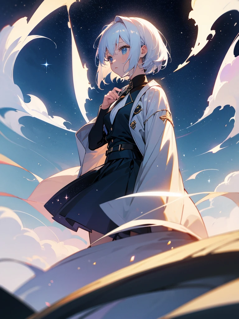 A great detective anime girl short white hair under the moonlight with a wide stunning starry sky, 