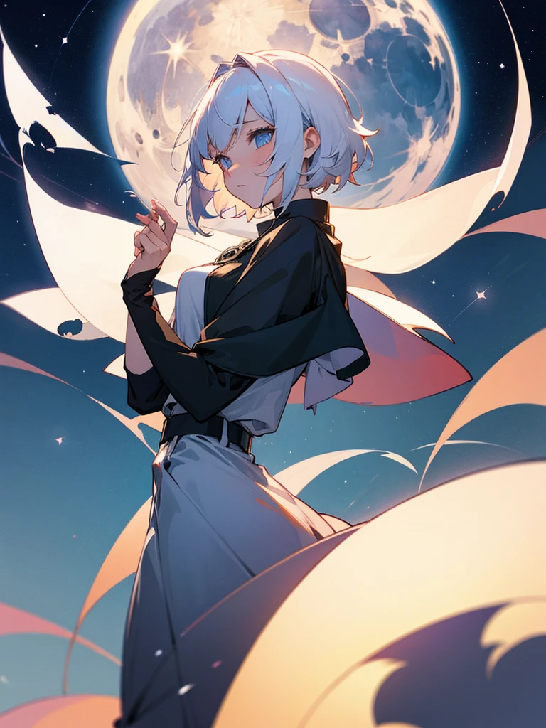 A great detective anime girl short white hair under the moonlight with a wide stunning starry sky, 