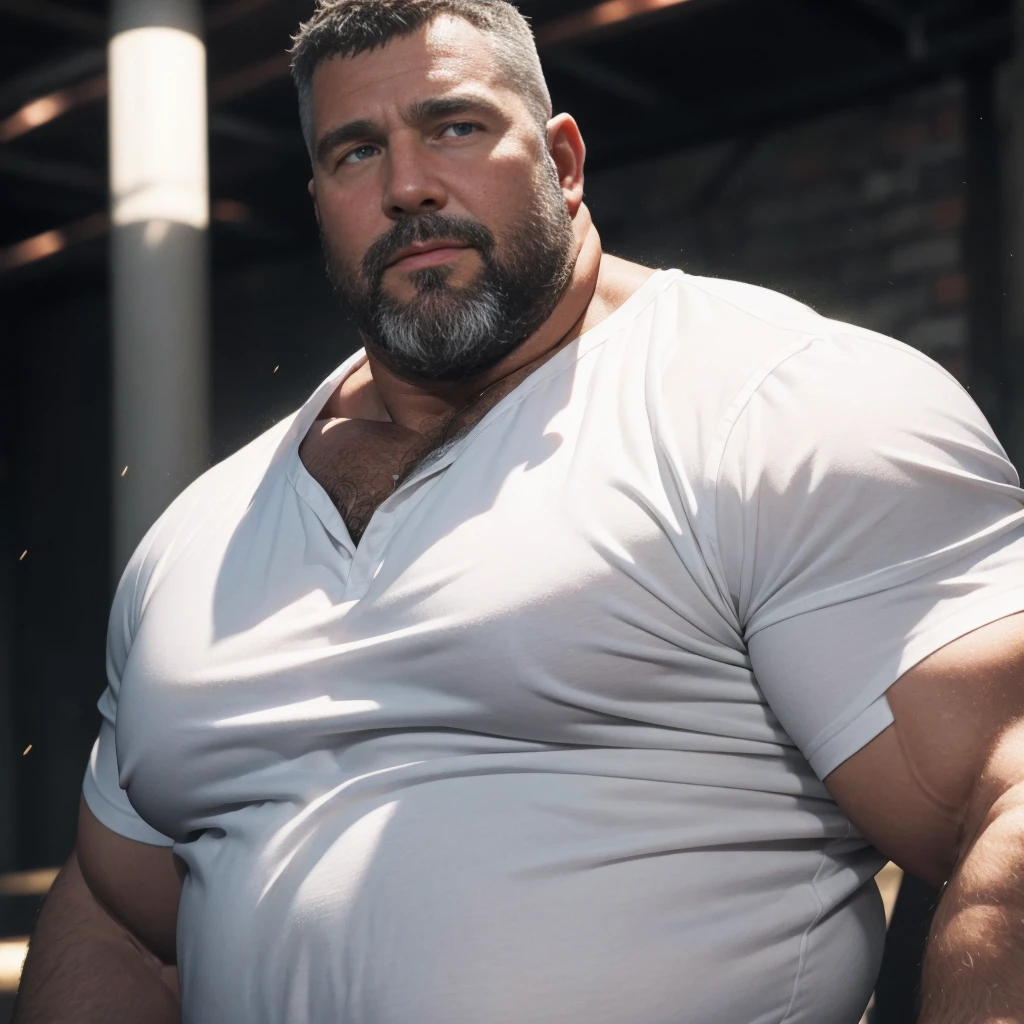 An award-winning original photo，A wild fat man, (40 years old daddy:1.1), 1boy, Solo, (white shirt), (top fully opened), (big shoulderusculature, stubbles, Short beard, Beautiful eyes:1.3), (Detailed face:1.3), Dynamic Angle, volumetric lighting, (Best quality, A high resolution, Photorealistic), Cinematic lighting, Masterpiece, RAW photo, Intricate details, hdr, depth of field,extreme close up, 