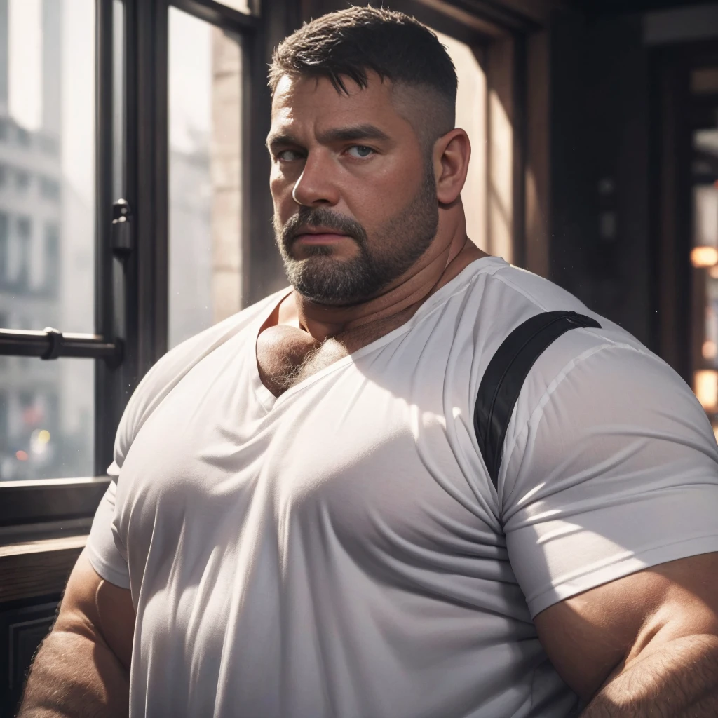 An award-winning original photo，A wild fat man, (40 years old daddy:1.1), 1boy, Solo, (white shirt), (top fully opened), (big shoulderusculature, stubbles, Short beard, Beautiful eyes:1.3), (Detailed face:1.3), Dynamic Angle, volumetric lighting, (Best quality, A high resolution, Photorealistic), Cinematic lighting, Masterpiece, RAW photo, Intricate details, hdr, depth of field,extreme close up, 