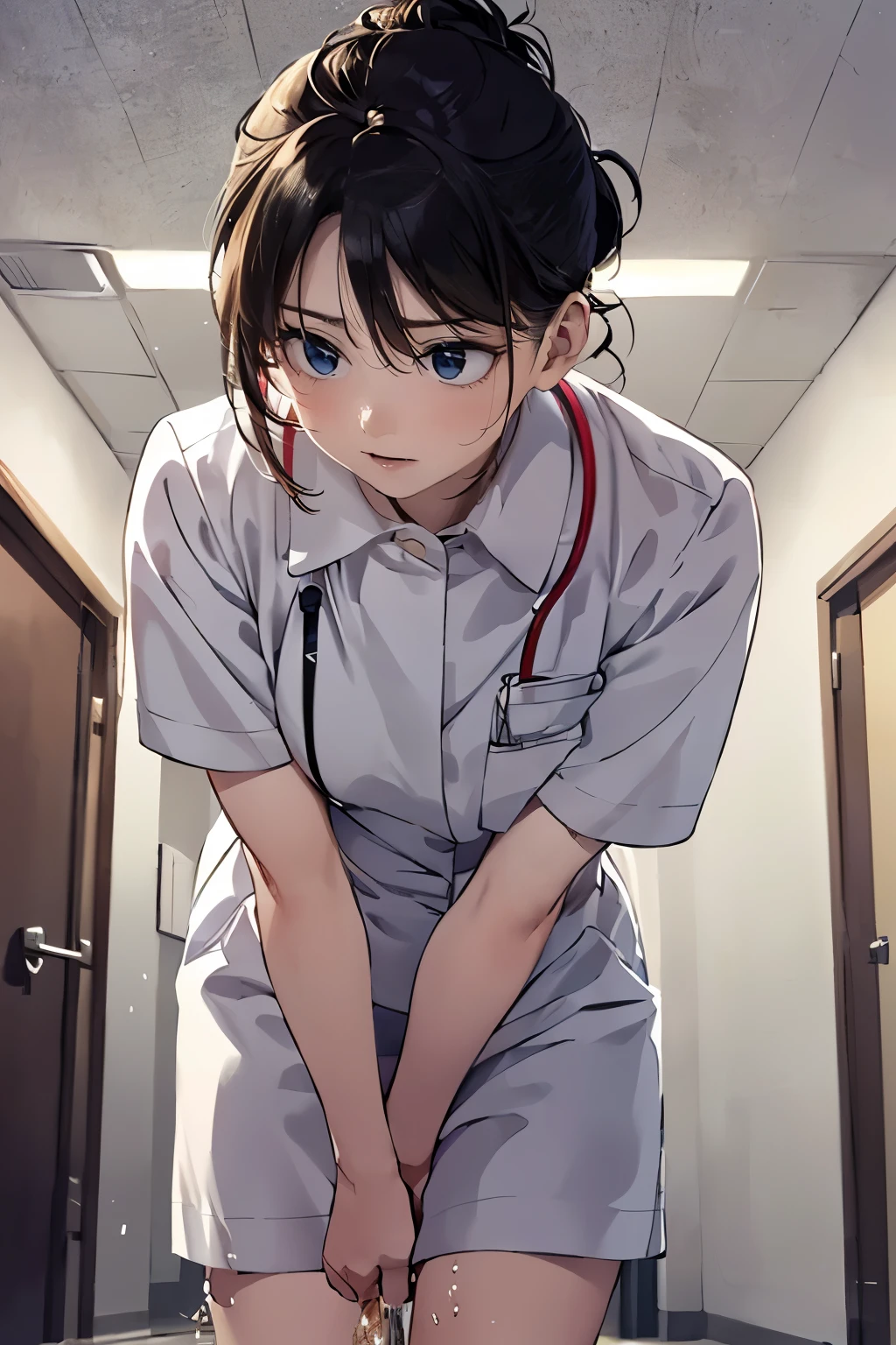 (depicting a single moment from a manga for adults), (hand-drawn), ((manga-style background)), (a nurse, nurse-uniform with stain), (((round face))), drooping eyes, in the hospital corridor, ceiling, curtain, ((incontinent, humiliated, leaking pee a bit, desperately endure)), ((embarrassing)), (hair up),