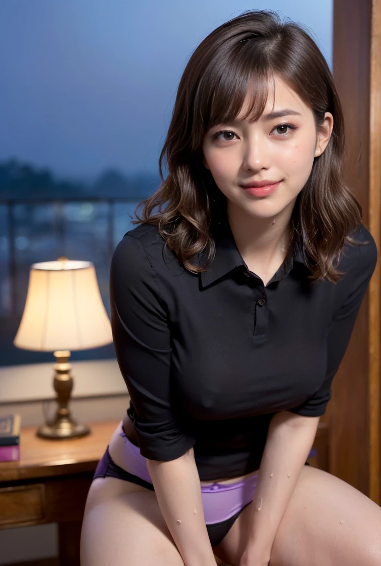 (((neat woman, perverted:1.9,dressed up,deep make up:1.8,touch own nipples over clothes:1.9,little pussy juice:1.9))),(((sitting down on the desk,hand between legs,kind big smile:1.8,blush:1.8,deep cheek:1.8))),please touch me,eat me,tempting viewer,i want you))),(((blush,blush,deep cheek,deep cheek)))),(cinematic lighting), (Photo real:1.4)、(A hyper-realistic:1.4)、(Photorealistic:1.3)、 (gentle lighting: 1.05)、(Improve the lighting quality of your video:0.9)、 32k、25years old woman、photorealistic lighting、Back lighting、Facial Lights、Ray Trace、(bright:1.2)、(Increase quality:1.4)、 (best quality real texture skin)、Fair eyes,delicate face、 Close-up of the face, ((((Wearing the tight collared black shirts,purple pretty panties:1.5,high-heel:1.4))),(Bodyline mood improvement:1.1)、Glossy skin、good figure,perfect anatomy,Beautiful actress,(((beautiful huge breasts:1.8,slender waist,slender hip,long slender legs,8heads tall))),(((8heads tall))),(((brown wavy midium hair,bangs))),(((sweat skin,shiny skin,in the beautiful library,super clean night view,in the night))),