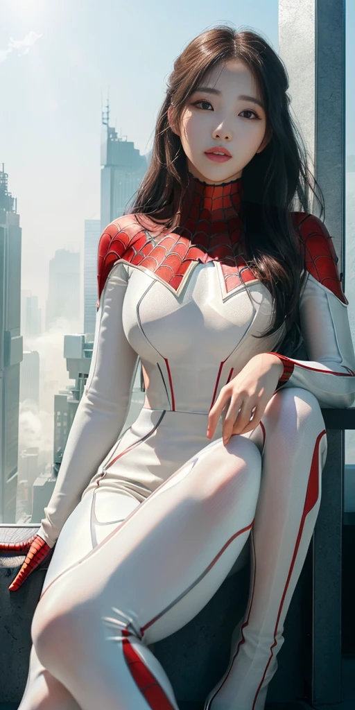 (1 woman:1.3), alone, (((Very detailed face)))), ((very detailed 눈과 얼굴)))), beautiful 디테일의 눈, body parts__, official art, Integrated 8K wallpaper, very detailed, beautiful and beautiful, beautiful, masterpiece, best quality, original, masterpiece, very nice photo, best quality, ultra high resolution, realistic realism, sunlight, full body portrait, amazing beauty, dynamic pose, delicate face, lively eyes, (in front), she wears a spiderman suit, red and black color scheme, spider, very detailed 도시 지붕 배경, rooftop, overlooking the city, detailed face, Detailed complex busy background, crummy, very cool, milk white, very detailed 피부, realistic skin details, visible pores, clear focus, volumetric fog, 8k words, dslr, high quality, film grain, fair skin, photo realism, lomography, Futuristic dystopian megacity, transparent