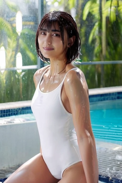 femele,１2 years old,Brown hair,(((Micro Swimsuit))),Beautiful short hair,,Hair fastening to bangs,Wet with water,Look back、swimming pools,Natural smile