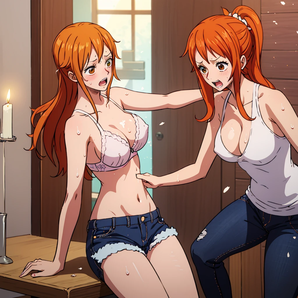 masterpiece, best quality, high quality, 8k,( highly detailed:1.3), detailed eye, detailed face, anime,
(2 females:1.5), (identical twins:1.9), dynamic angle, clone,
day, collarbone, ((embarrassed, large breasts, jeans, changing room, bra, nipple outlines)), 
(nami \(one piece\):1.1), breasts outwards, taking deep breath, orange hair, long hair
 long orange_hair, orange_eyes, tattoo, large breasts, large breasts, nipples, navel, completely nude, emotional, open mouth, (embarrassed, blush), (floating hair:1.2), (sweat particles in air:1.4), (sweat, lens flare:1.1), (indoors, candle light:1.1), wood, (steam:1.1), wet, (backlighting), (cum inside pussy, creampie, bukkake:1.2) (spread legs:1.2),yuri sex,nsfw,(2 females:1.1)