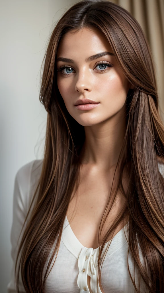 Portrait d'une femme avec un visage magnifique, visage harmonieux, grand yeux marrons, bouche pulpeuse, traits fins, top model, élégante, ultra réaliste