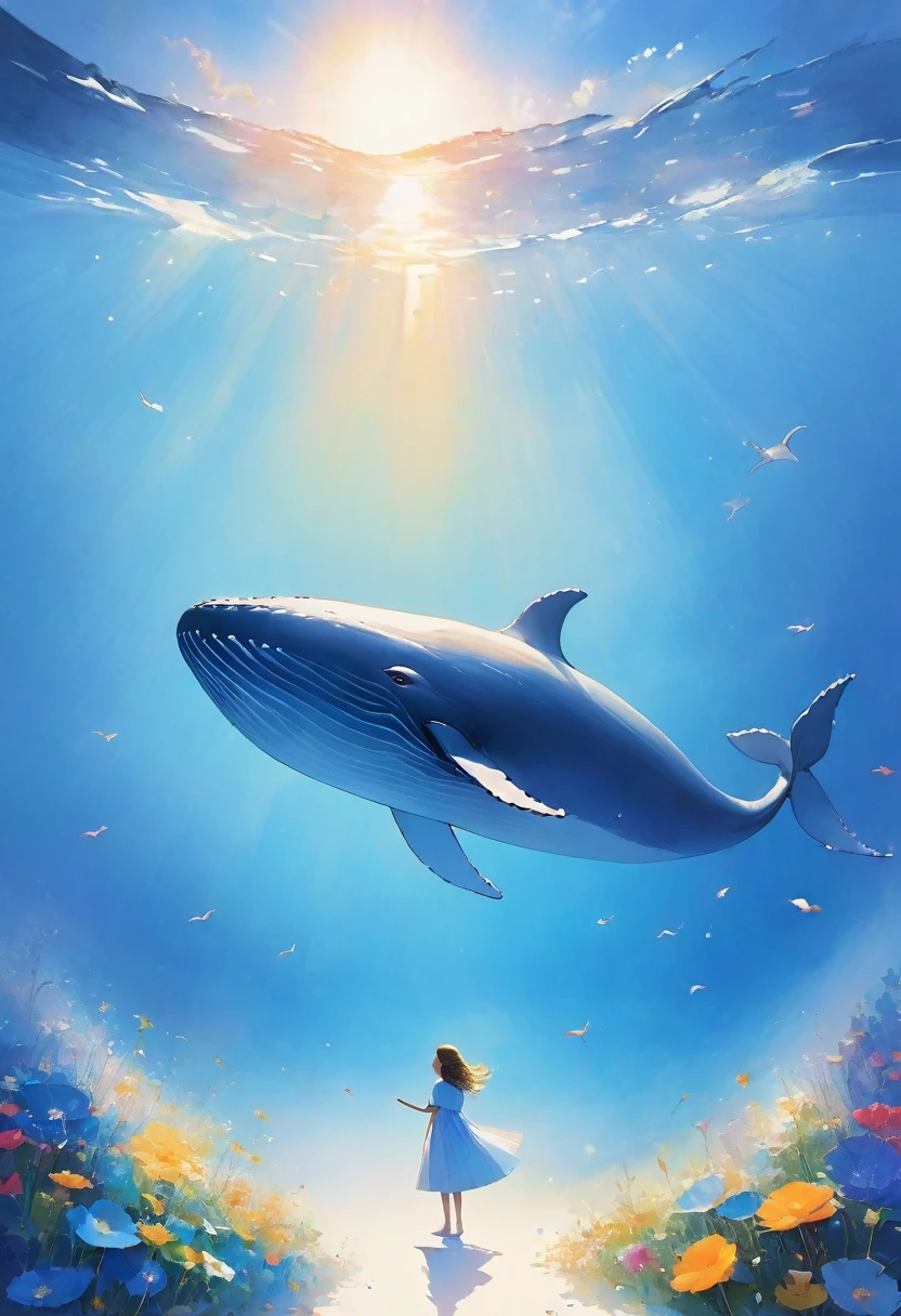 Highest quality:1.2、masterpiece:1.2、(((Blue whale blowing water)))、(((Solo Whale)))、(((Blue whale flying in the sky)))、Above the Clouds、There is no sea、Blue sky、White sun、A blue whale swimming slowly、Above the Cloudsを泳ぐクジラ、no gravityのクジラ、no gravity、