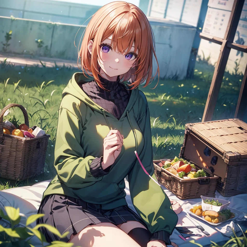 (Recall,food:1.3),(picnic:1.3),basket, Park with a view, Highest quality, grassland park, blue sky, hiking, Best image quality,Perfect Anatomy,masterpiece,Ultra-detailed,beautiful,super high quality, Highest quality,High resolution, Very detailed,Game CG,Dutch Angle ,beautiful細部までこだわった目,Visual Arts,Five Fingers, Perfect hands,Hide your hands, {{{One Girl}}}, beautiful詳細な女の子, Game CG, Spring flower, One curl on the outside, Short Bob Hair, Pastel orange hair, Purple eyes,Stylish accessories solo, breast enhancement, Medium Shoot, woman, Take-out, Laughter, huge ,,Pastel green checkered mini skirt,Black knee-highs, {{{{{Wearing a pastel green hoodie}}}}},Open your mouth, wonderful, beautiful細部までこだわった目, Highest quality, Very delicate,Masseter muscle area,Highest quality,(Official Art、Highest quality、Unity 8k wallpaper、32K、masterpiece、Ultra-detailed、超High resolution、Realistic、Photorealistic:1.2)、(Cinema Lighting:1.2)、Fire Glow Effect、The most grainy shadows on the film、Side light、Side Shot、(Ultra-detailedで複雑な3Dレンダリング)、Atelier Series, Multiple Girls.