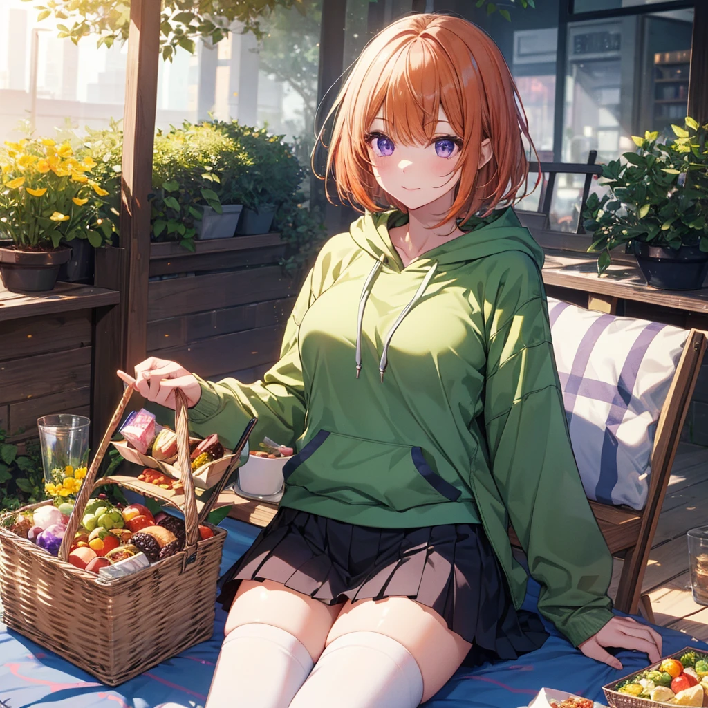 (Recall,food:1.3),(picnic:1.3),basket, Park with a view, Highest quality, grassland park, blue sky, hiking, Best image quality,Perfect ???????,masterpiece,Ultra-detailed,beautiful,super high quality, Highest quality,High resolution, Very detailed,Game CG,Dutch Angle ,beautiful細部までこだわった目,Visual Arts,Five Fingers, Perfect hands,Hide your hands, {{{One Girl}}}, beautiful詳細な女の子, Game CG, Spring flower, One curl on the outside, Short Bob Hair, Pastel orange hair, Purple eyes,Stylish accessories solo, breast enhancement, Medium Shoot, woman, Take-out, Laughter, huge ,,Pastel green checkered mini skirt,Black knee-highs, {{{{{Wearing a pastel green hoodie}}}}},Open your mouth, wonderful, beautiful細部までこだわった目, Highest quality, Very delicate,Masseter muscle area,Highest quality,(Official Art、Highest quality、Unity 8k wallpaper、32K、masterpiece、Ultra-detailed、超High resolution、Realistic、Photorealistic:1.2)、(Cinema Lighting:1.2)、Fire Glow Effect、The most grainy shadows on the film、Side light、Side Shot、(Ultra-detailedで複雑な3Dレンダリング)、Atelier Series, Multiple Girls．