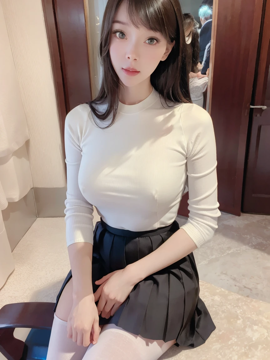 ultra realistic 8k cg, picture-perfect face, flawless, clean, masterpiece, professional artwork, famous artwork, perfect face, beautiful face, beautiful eyes, ((perfect female body)), solo,(immersive atmosphere, chiaroscuro:1.5,bright light:1.2,luminous lighting)
,,(blush:0.5),seductive expression,extremely detailed_eyes,thick thighs,large breasts,
beautifully detailed background,depth of field,realistic:1.3, long shot,1girl,shirt,pleated skirt, school uniform, sitting, full body,
(ambient light:1.3),(cinematic composition:1.3),(neon lights:0.1),(HDR:0.1),Accent Lighting, white pantyhose,