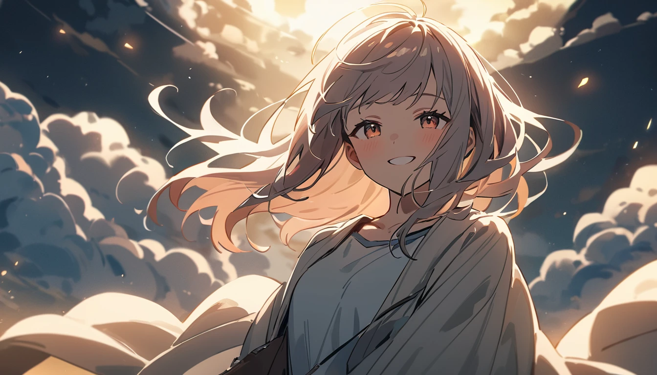 masterpiece, Highest quality, Movie stills, 1 Girl, Cloud Girl , Floating in the sky, close, bright, smile, Warm and soft lighting, Asahi, (spark:0.7)