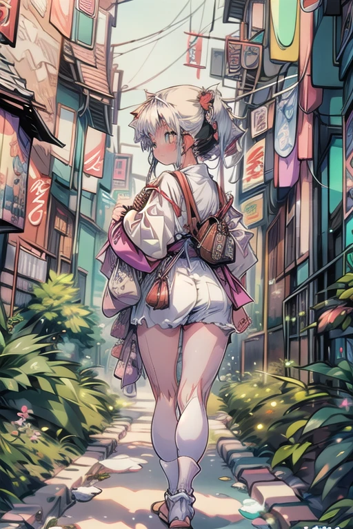 best quality,(masterpiece:1,2),highres,original,perfect lighting,extremely detailed wallpaper,(extremely detailed CG:1.2),Japanese manga style,Studio Ghibli,Hayao Miyazaki style,high saturation,rich details,A girl carrying a bag walking down the street,