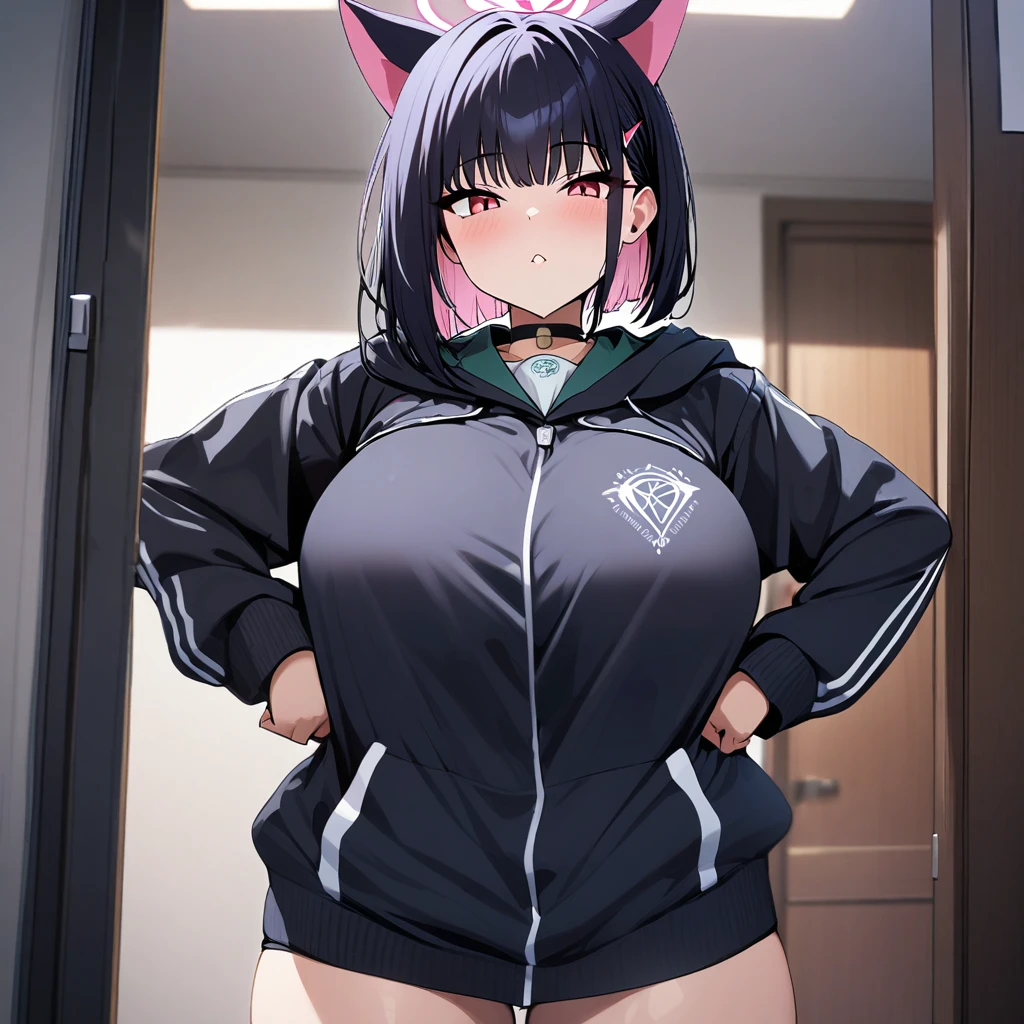 kazusa(blue archive),1girl,solo,halo,cat ears,huge breasts,looking at viewer,near,standing up,in room