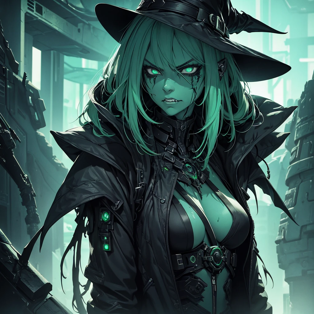 Make a witch from an alien race with necrotic green skin, ugly and with a look of will and anger. she must have black and futuristic clothes. cyberpunk style. ugly, angry, realistic and detailed face
