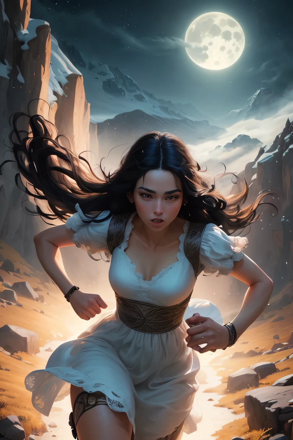 ((best quality)), ((masterpiece)), (detailed), A digital illustration of a long black haired woman in white dress running from a dark horse in a mountain landscape at late night with a full moon in the background