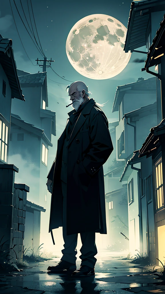 "An elderly man, around 58 years old, stands in a moonlit street, holding a smoking shotgun pointed forward. His face is stern and determined, illuminated by the full moon behind him. Surrounding him are houses with tightly shut doors and windows, casting long shadows in the eerie night. The sky is dark, with the bright full moon adding a ghostly glow to the scene."