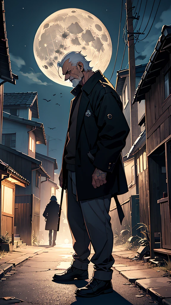 "An elderly man, around 58 years old, stands in a moonlit street, holding a smoking shotgun pointed forward. His face is stern and determined, illuminated by the full moon behind him. Surrounding him are houses with tightly shut doors and windows, casting long shadows in the eerie night. The sky is dark, with the bright full moon adding a ghostly glow to the scene."